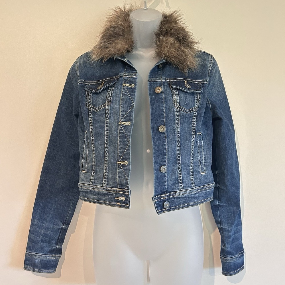 Y2K Jean Jacket Faux Fur Collar Sz M Blue Denim Short Arizona